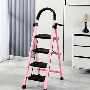 Step Folding Step Ladder with Curved Safety Handrail, Anti-Slip Wide Pedal Portable Household Step Stool, Heavy Duty Steel Ladder for Home Kitchen Window Cleaning Decorating, Multiple Colors Sold Separately (Black/Red/Pink)