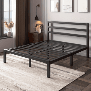Metal Platform Bed Frame with Slatted Headboard - Under Bed Storage, Sturdy Metal Slats, No Box Spring Needed, Black/white, Twin/Full/Queen/King