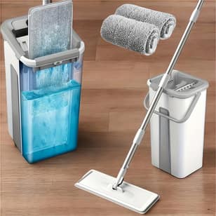Hands-Free Flat Mop And Bucket Set with Long Handle, Wringer, 2 Reusable Microfiber Pads, 360 Degree Flexible Swivel for Floor Cleaning And Wall Cleaning, Mop And Bucket Cleaning Set