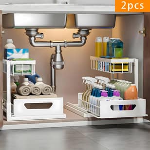 2Pack-2-Tier Slide-Out Under Sink Organizer | Heavy-Duty Carbon Steel Pull-Out Cabinet Shelf with Adjustable Compartments, Painted End, Ideal for Organizing Kitchen, Bathroom, Pantry, Or Closet Spaces
