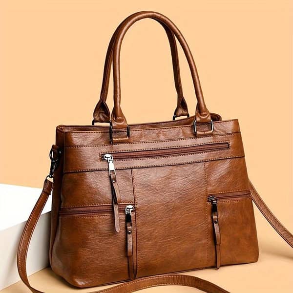 Vintage-Style Women’s Satchel Purse - Multi-Layer Crossbody Handbag with Detachable Strap,, Zip Closure, Available in Deep Brown/Grey/Yellow/Black