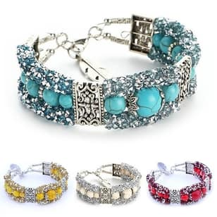 Vintage Tibetan Silver Feather Turquoise Beads Bracelet Bangle Crystal Diamond Turquoise Bangle Women Jewelry Gift