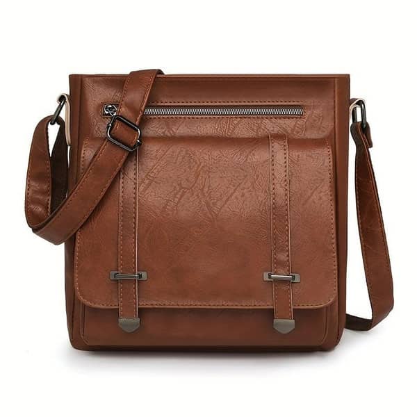 Women's Vintage-Inspired Crossbody Bag - Large Capacity Adjustable Shoulder Strap, Multiple Zippered Compartments, Two-Tone Brown & Black, Secure Metal Hardware for Business Commute & Casual Outings, Classic Mailbag Style, Textured Finish