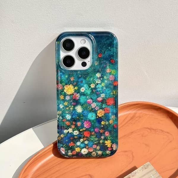 Little Blue Wild Flowers Colorful Flower Translucency Sparkling Glitter Sequin Glossy Case for iPhone 12 13 14 15 16 Pro Max