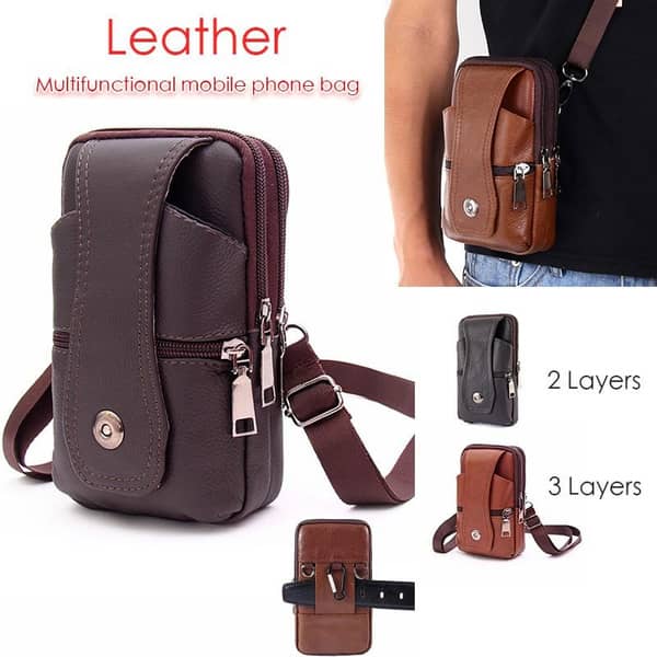 Men Leather Waist Bag, Multifunction Fanny Pack, Large Capacity Belt Bag,Brown Shoulder Bags Crossbody Bags,Multi-layer Buckle Mobile Phone Bag