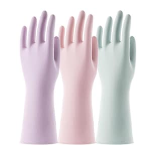 3 Pairs Colorful Household Gloves With Cotton Liner & Non-Slip Grip, Water Resistant Reusable Dish Washing Rubber Gloves For Kitchen & Bathroom Cleaning, Medium