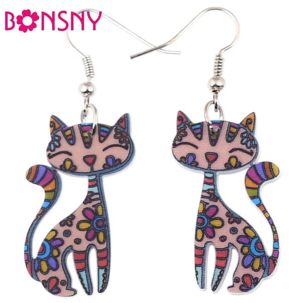 Bonsny Cute Lovely Cat Earrings Acrylic Printing Patterns 2017 New Design Drop Earrings For Girls Woman Jewelry