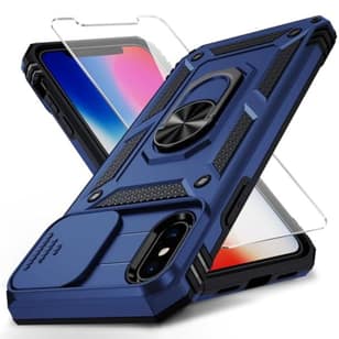 for iPhone Xs Max Case with Slide Lens Cover, HD Screen Protector, Military Grade Drop Protection, Magnetic Rotated Ring Holder Kickstand Phone Case
