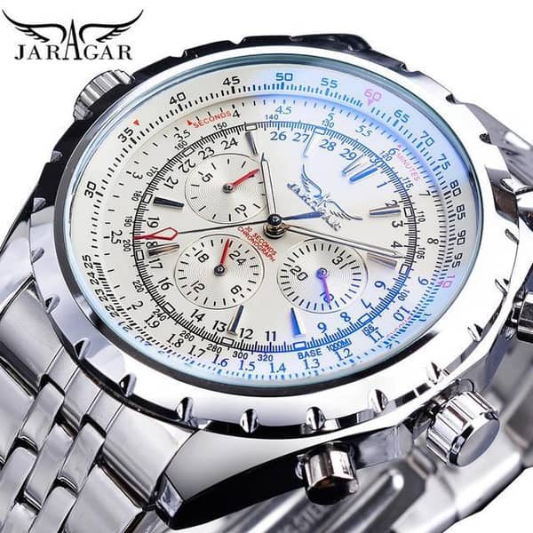 Jaragar 3 Dial Men's Automatic Watch Stainless Steel Mechanical Men's watches Date Week Display Luminous Wristwatch Blue Glass