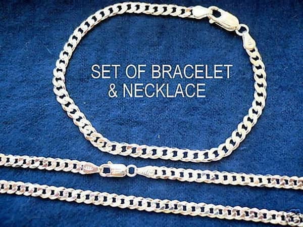 1 Pair(Necklace+Bracelet ) 925 Sterling Silver Solid 7MM Cuban Curb Chain Necklace Mens Silver Bracelet Set
