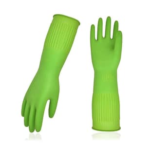 1-Pair Dishwashing Gloves, Reusable Household Gloves, Kitchen Gloves, Long Sleeve, Thick Latex, Cleaning, Washing, Working, Painting, Gardening, Pet Care (Size M,Green, Rb2143)